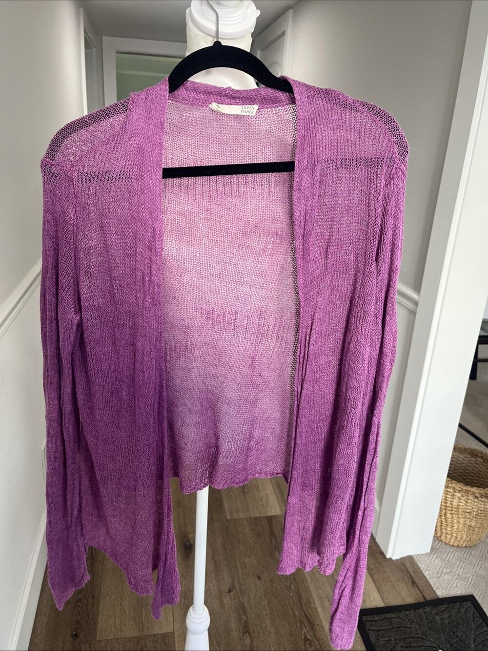 Eileen Fisher Women's Open Cardigan Sweater 100% Linen Bright Pink Open Knit